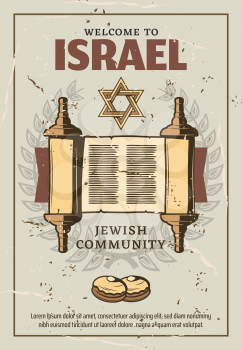 Welcome to Israel retro poster for Jewish community or religious travel. Vector vintage design of holy Torah manuscript roll, David star Magen and Judaism religion Sufganiyot