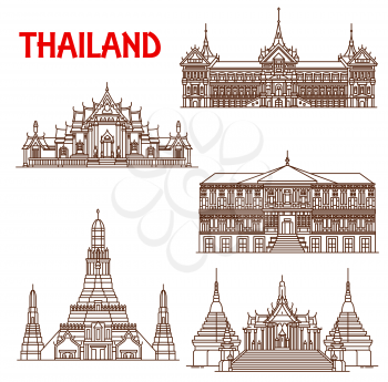 Thailand famous historic architecture buildings and temples. Vector thin line facades of Bangkok Wat Phra Kaew temple, Royal Palace or Vimanmek and Benchamabophit Dusitvanaram or Arun