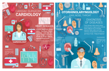 Cardiology and otorhinolaryngology medical clinic posters. Vector cardiologist surgeon and otolaryngologist doctors with cardiac surgery and heart disease treatment items