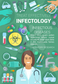 Infectology clinic poster for Infection viruses diagnostic and treatment. Vector virologist doctor in lab with tests and beakers for of viruses, bacteria and microbes for infectious disease