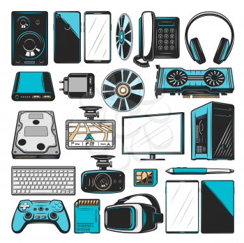 Electronics, computers or multimedia and smart devices icons. Vector PC monitor or desktop computer with Hi-Fi audio loudspeaker, VR glasses and console joystick with graphic adapter and smartphone