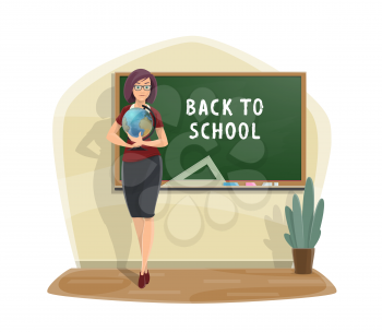 Back to School poster of teacher woman with geography globe at blackboard. Vector class room with chalk and ruler on chalkboard for autumn education season design