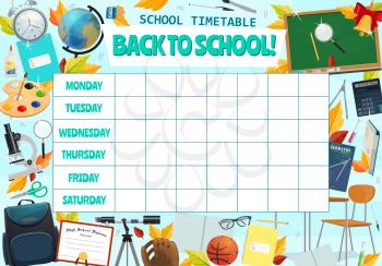 School timetable for week lessons. Vector blackboard design of stationery and books for algebra, geometry or mathematics and literature with sport training for Back to School education season