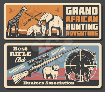 Grand African hunting adventure poster for Safari hunt open season or hunter club association. Vector savanna wild animals elephant, hippopotamus and giraffe, rifle gun for bear or hog trophy prey