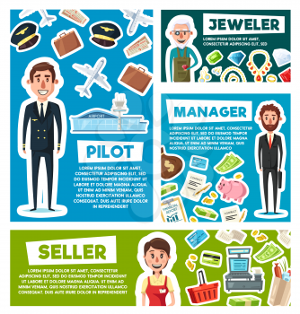 Manager, pilot or jeweler and seller professions in aviation, trade or jewelry and business industry. Vector cartoon men with airplane or travel bags and credit card of finance money and gemstones