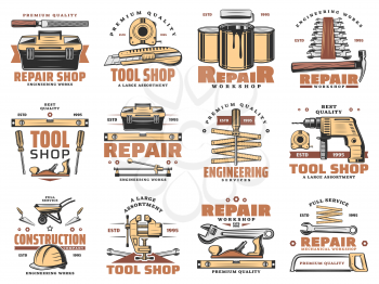 Repair work tools and carpentry or engineering service icons. Vector set worker safety helmet, wrench or spanner and hammer, paint brush and woodwork saw with grinder for tool workshop