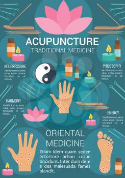 Acupuncture medicine poster for traditional Asian treatment. Vector design of acupuncture needles on hand and foot sensory points, aromatherapy oil candles or lotus and Yin Yang symbol