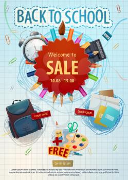 Back to School sale poster for September education season. Vector promo advertisement design of school stationery, student bag, and pencils with doodle pen on copybook squared background