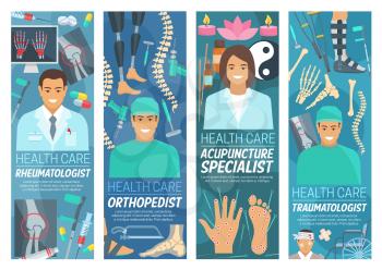 Rheumatology, traumatology and orthopedics or acupuncture medicine banners. Vector rheumatologist, orthopedist, and traumatologist doctors, Asian traditional needle treatment and clinic equipment
