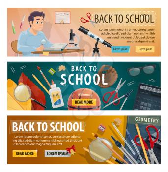 Back to School and autumn education season banners for September sale. Vector student boy in classroom for astronomy or geometry lesson with microscope, telescope or stationery on blackboard