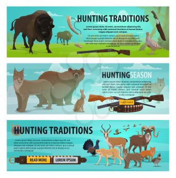 Hunting sport, animals and birds. Bear, wolf and duck, african jaguar, lynx and fox, bison, hare and antelope, grouse, quail and pheasant, hunter rifle, shotgun and knife items in vector