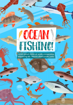 Ocean fishing, fish and seafood animals in sea water. Salmon, tuna and crab, blue marlin, perch and lobster, octopus, shrimp and carp, flounder, catfish and squid. Fishing sport vector design