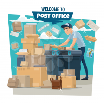 Post office, postman and mail. Mailman sorting letter envelope, parcel and delivery box, package, correspondence and newspaper on conveyor. Mail delivery service, vector image