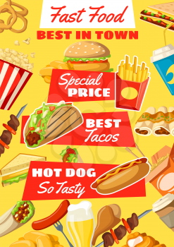 Fast food menu with lunch dishes. Hamburger, hot dog and cheese sandwich, chicken nuggets, fries and soda, coffee, popcorn and taco. Fastfood cafe and restaurant vector design