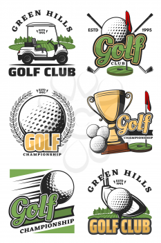 Golf sport championship vintage icons and symbols. Golf ball, club and tee, flag, green field and hole, cart and champion trophy cup objects. Vector color sport icons