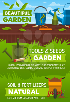 Gardening tools and equipment, garden shop vector design. Shovel, spade and fork, watering can, hose and bucket, wheelbarrow, rake and spray bottle on lawn green grass lawn