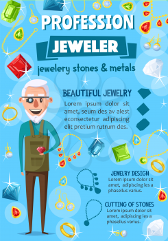 Jeweler profession, jewelry and gems. Goldsmith with diamond and tools, jewel, precious stones and luxury jewellery, gold ring, necklace and pearl earrings, brilliant and bracelet. Cartoon vector