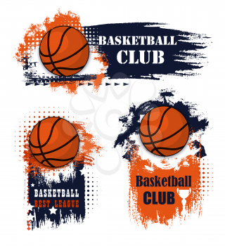 Basketball sport icons with balls and champion trophy cup. Basketball game competition with grunge elements and sporting items, adorned by star, orange and blue paint brush strokes