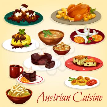 Austrian cuisine dishes with baked goose, potato noodle with cabbage stew, beer soup with crouton, cheese dumpling and chocolate cake dessert, nuts cookie, beef stew and vanilla pastry