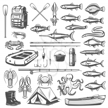 Fishing sport equipment, fish and seafood icons. Fishing rod, hook and tackle, boat, bait and gear, lure, reel and float, boots, tent, backpack and spinning isolated vector objects