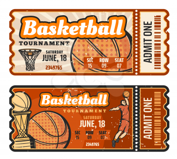 Basketball match retro ticket, sport game competition. Basketball ball, basket, champion trophy cup and player elements. Sport game, tournament or championship invitation. Vector design