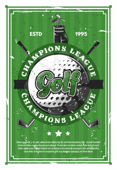 Golf game vintage poster with sport club badge. Ball with crossed clubs and stand bag with green grass course on background, vector illustration