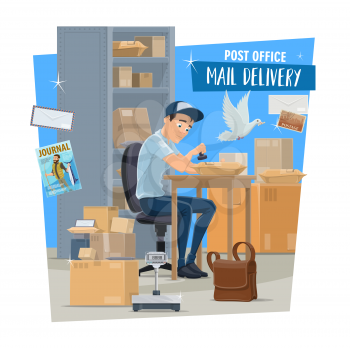 Mail delivery service, postman at post office. Postal worker or mailman sitting at table with parcel, letter and envelope, box, postage stamp and packages, correspondence and magazine