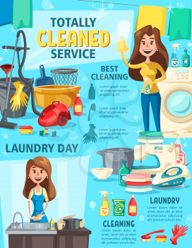 House cleaning and housework service, household equipment and work tool. Brush, mop and detergent spray, sponge, bucket, vacuum cleaner and washing machine for housework chores poster design