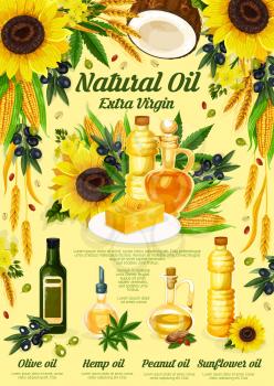 Natural oil from olive, sunflower, peanut and hemp plant. Extra virgin oil product with bottles, vegetable, fruit, flower and nut ingredients. Vector illustration