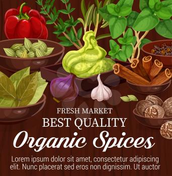 Organic spices, herbs and vegetables on wooden background. Rosemary, basil and thyme, cinnamon, nutmeg and onion, cardamom, clove and paprika, garlic, bay leaf and wasabi. Vector illustration