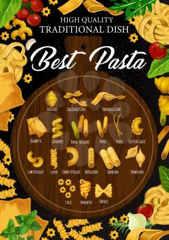 Vector iltalian pasta with spaghetti, penne and farfalle, fusilli, fettuccine and tagliatelle nest, cannelloni, lasagna and conchiglie on wooden cutting board, framed by tomato and herbs
