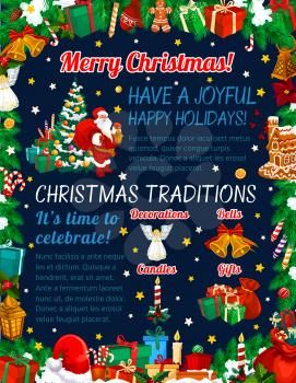Merry Christmas greetings, Xmas holiday celebration. Vector Xmas tree with decorations and ornaments, Santa Claus with gifts and snowman, New Year wreath. Christmas celebration vector illustration