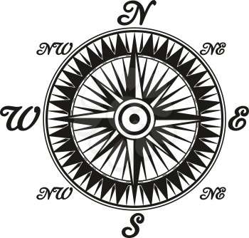 Compass dial vintage monochrome icon with letters meaning world sides. Rose of wind old-fashioned sea navigation device. Retro orientation symbol with special markup vector isolated symbol