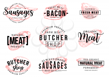 Butcher shop products, sketch lettering icons. Meat and sausages, pork and beef, bacon and farm meat. Natural food of vector isolated symbols of ham meat and tenderloin steaks briskets