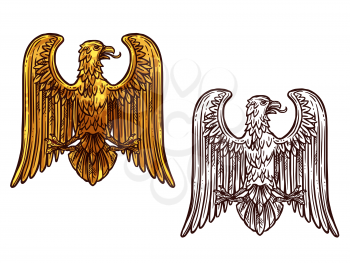 Heraldic eagle golden statue and sketch icon. Griffin coat of arms, hawk symbol of power and strength, outline golden eagle, vintage vector. Bird for tattoo, royal imperial of gothic predatory theme