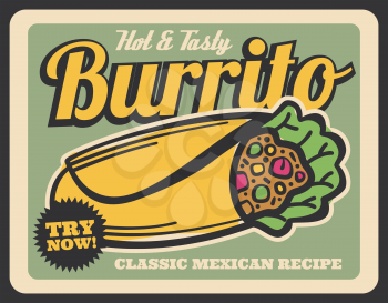 Hot and tasty burrito, mexican cuisine fast food. Tex-Mex dish of flour tortilla with chicken or beef and taco seasonings, rice, beans and lettuce. Try now sign on leaflet, takeaway snack vector