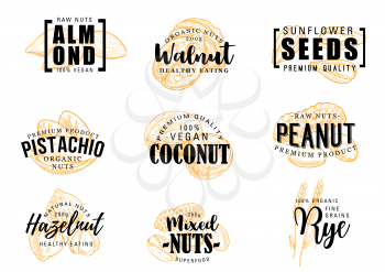 Exotic nuts lettering vector icons. Almond and coconut, peanut and hazelnut, sunflower seeds and pistachio, walnut and rye grains. Mixed nuts in shell, vector