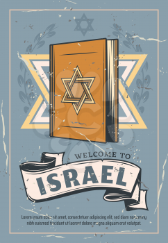 Judaism symbol, Torah book. National Torah textbook and David star sign. Brochure encompasses religion, philosophy, culture and patriotism of Jewish people. Vector design