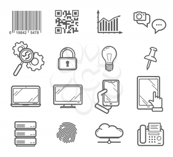 Business and technology vector icons. Barcode, message chat, search sign and security lock, smartphone gadgets and notebook display, storage cloud and fingerprint, fax machine and folders