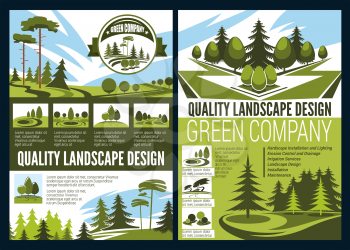 Landscape design, green area in natural environment. Vector green parks, landscape and garden architecture advert, services on planning environmental sustainability, botany and gardening