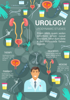 Urology medicine, urologist and medical icons. Genitourinary surgery, medicine and pharmacy, therapy and urodynamic studies, surgical, medical diseases of urinary-tract system. Vector illustration