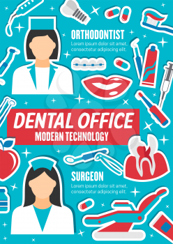 Dental medicine, surgeon and orthodontist. Dentistry tools, medications and dentists. Prosthetic and orthodontic service vector icons of implant, toothpaste, pliers, smile and pills
