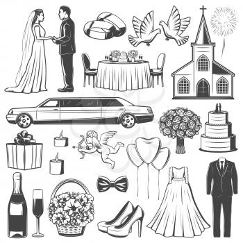Wedding and marriage icons. Bride and groom, limousine and church, engagement accessories, glasses with champagne, cake, clothes and flowers, pigeons and balloons, dress, suit, doves and bouquet vector
