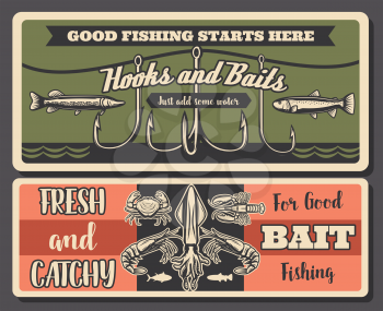 Hooks and baits fishing banners, fishery equipment. Vector crayfish and crabs, shrimps and octopus, pike and perch silhouettes. Fish, fishery gear, fishing sport hobby retro poster