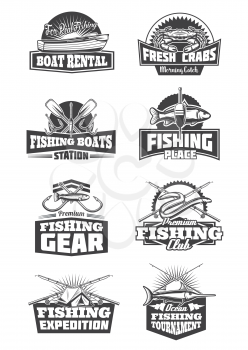 Fishery sport icons and symbols. Boat rental and crabs, boats station and gear, expedition trips and clubs. Fishing tournament monochrome vector fishing tackles, rod, hooks, bait and tent