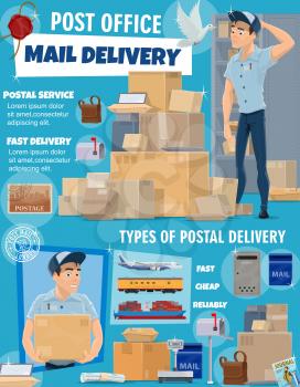 Post office delivery service, vector. Postage logistic, postman courier and packed boxes delivered by air, ship, land. Mailman in post office with letters and parcels, postal worker carry mails
