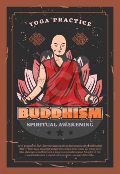 Buddhism religion, monk and lotus flower. Spiritual awakening and yoga practice. Endless knot, stars symbols of eternal Buddhism and spirituality. Buddha technics based on religion beliefs, vector