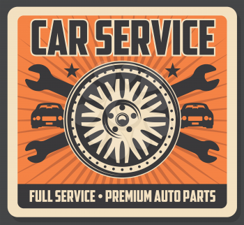 Car repair service. Bare tire, wrenches, car silhouette and wheel, brake disc. Garage and auto parts repairing. Auto parts icons, corpus maintenance and renovation vector