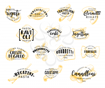 Italian pasta food icons. Rigati and conchiglioni, tortiglioni and cornetti, raviolli and tagliatelle corte, fagottino and cavatappi, bucatini and quadretti, farfalle and cannelloni. Vector lettering