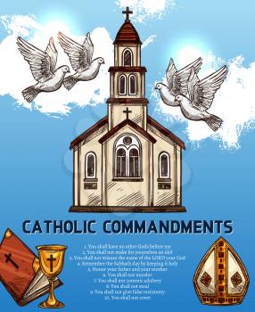Catholic religion ten commandments. Church, doves symbols of peace, holy book and gold goblet with cross, mitre hat of pope. Religious attributes vector, fundamental duties to God and neighbor